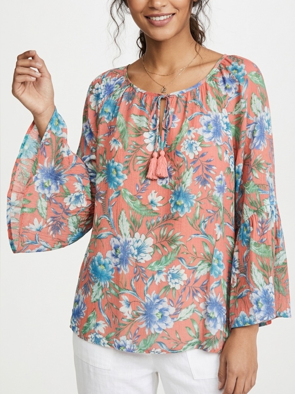 Counterparts Floral Boho Peasant Blouse Bell Sleeve Tassel Tie XL - Picture 9 of 9